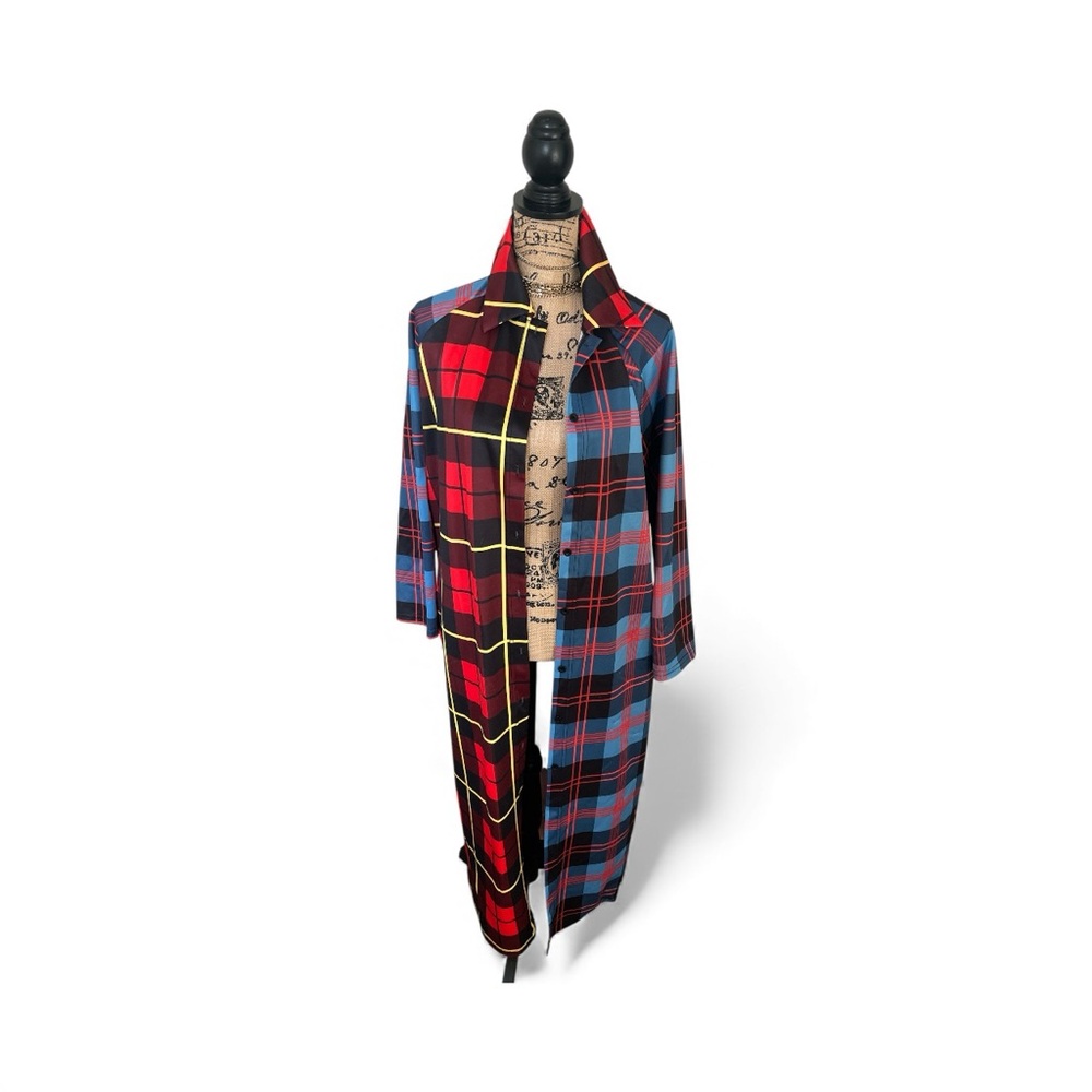 Plaid Long Duster-with Red and Blue Accents